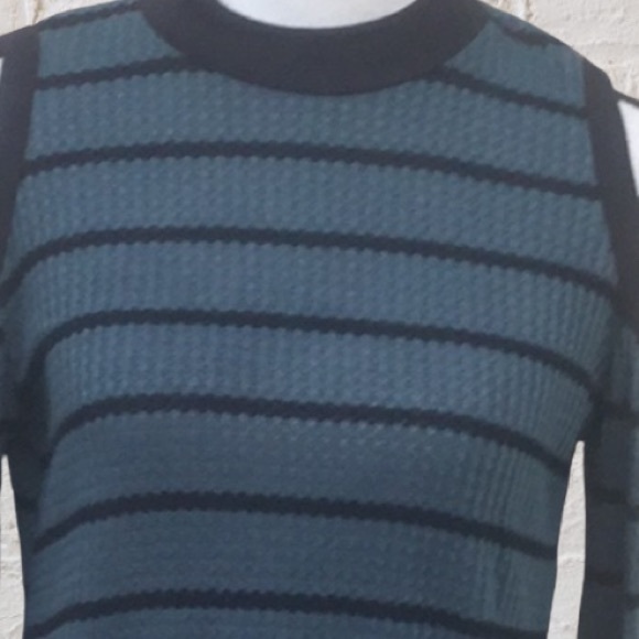 TEAL GREEN STRIPE COLD SHOULDER WAFFLE KNIT TOP - Picture 7 of 11